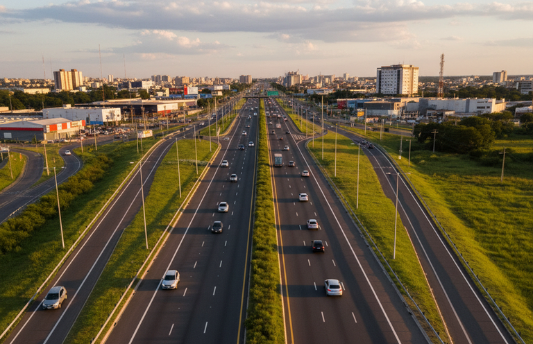 Foto de uma rodovia com vários veículos