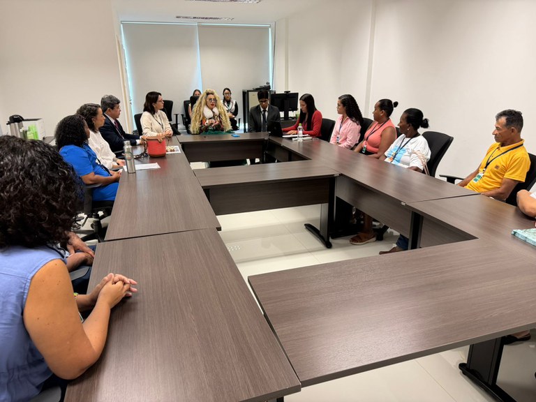 Foto mostra participantes da reunião reunidos em volta de uma mesa