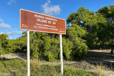 Placa retangular marrom com textos brancos instalada em uma área natural. A placa diz: "Reserva Extrativista Uilson de Sá. Espaço Agroecológico das Catadoras de Mangaba." Ao fundo, há vegetação abundante, incluindo pés de mangaba e arbustos, sob um céu azul com algumas nuvens.