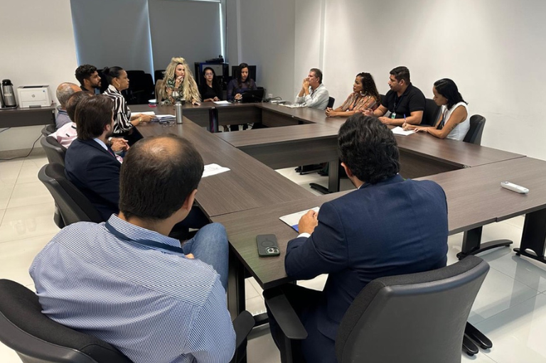 Foto mostra 14 pessoas, entre homens e mulheres, em sala de reunião, sentadas em torno de mesa disposta em formato de retângulo