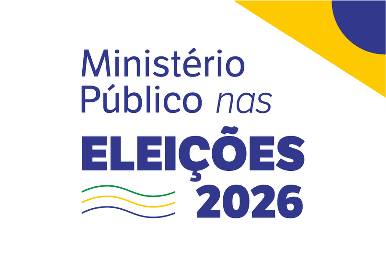 Arte gráfica sobre fundo branco apresentando a marca do "Ministério Público nas ELEIÇÕES 2026". O texto está escrito em tons de azul, com "Ministério" na primeira linha, "Público nas" na segunda (com a palavra "nas" em itálico) e "ELEIÇÕES" em destaque maiúsculo e negrito na terceira. Ao lado esquerdo do ano "2026", há três linhas onduladas nas cores verde, amarela e azul. No canto superior direito, um detalhe geométrico com as cores amarela e azul complementa o visual.