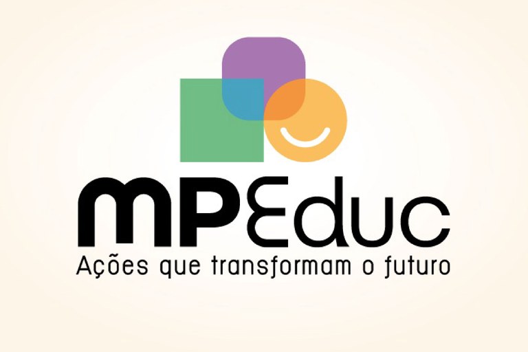 Logotipo do programa MPEduc, com formas coloridas sobrepostas (quadrado verde, quadrado roxo arredondado e círculo laranja com sorriso branco) e o texto: "MPEduc – Ações que transformam o futuro" sobre fundo claro.