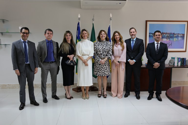 Fotografia em ambiente interno apresenta oito pessoas — quatro homens de terno e grava e quatro mulheres com roupas formais — alinhadas lado a lado em um espaço institucional com piso claro e paredes brancas. No centro, ao fundo, estão dispostas três bandeiras oficiais em pedestais. Da esquerda para a direita, estão posicionados: um homem de terno cinza-escuro e óculos; um homem de terno cinza-claro com gravata azul-marinho; uma mulher de vestido preto justo de mangas compridas e bolsa preta sob o braço; uma mulher de vestido longo branco com detalhe na cintura; uma mulher com vestido estampado em preto e branco; uma mulher de camisa rosa clara e calça pantalona rosa; um homem de terno preto e gravata azul-clara; e um homem de terno preto e óculos à extrema direita. Ao fundo, no canto superior esquerdo, há prateleiras de vidro, e no canto direito, um quadro com pintura de paisagem urbana na parede, acima de um balcão de madeira com livros dispostos.