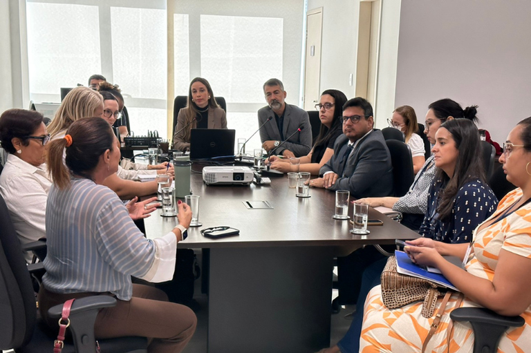 Foto mostra mais de dez pessoas em sala de reunião, entre homens e mulheres, sentados ao redor de mesa de reunião