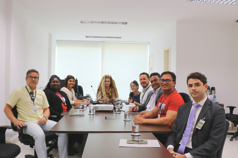 A imagem mostra uma reunião formal com onze pessoas sentadas em volta de uma mesa retangular de reunião, em uma sala clara com paredes brancas e ampla janela ao fundo. Todos estão voltados para a câmera, com expressões sérias ou neutras. Vários homens e mulheres, com diferentes tons de pele e estilos de roupa — alguns com crachás, camisas sociais ou gravatas, e outros com roupas mais casuais. Sobre a mesa estão copos com água, cadernos, um projetor e materiais de escritório. Ao fundo, cadeiras vazias e um canto com garrafas térmicas. O ambiente sugere um encontro institucional ou corporativo.