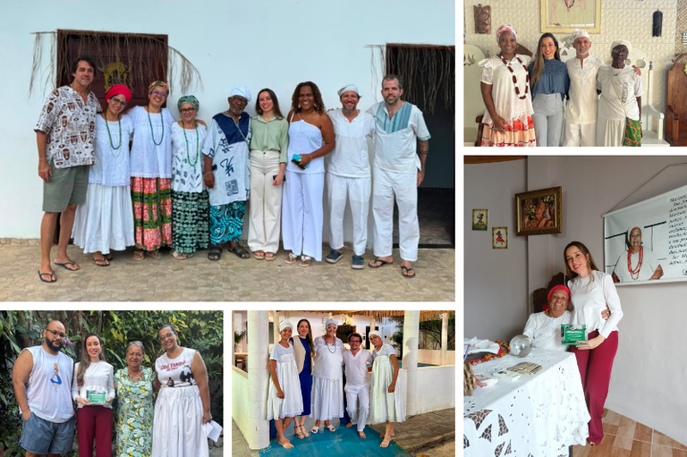 Mosaico com cinco fotografias de um encontro com representantes de religião de matriz africana. Nas imagens, grupos de pessoas usando vestimentas tradicionais brancas e roupas casuais posem sorridentes juntas, em ambientes internos e externos.