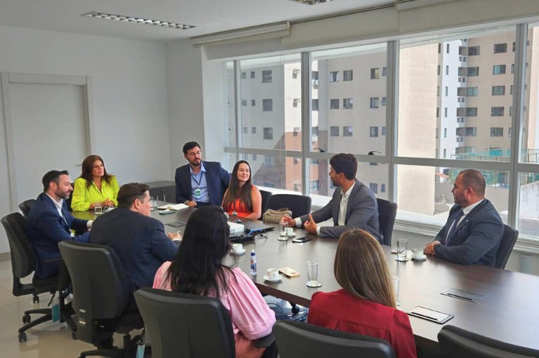 A imagem mostra um grupo de pessoas reunidas em uma sala de reuniões. Elas estão sentadas ao redor de uma mesa retangular, onde há copos e xícaras. Algumas pessoas estão conversando e gesticulando, enquanto outras escutam. A sala tem paredes brancas, cadeiras pretas e uma grande janela de vidro ao fundo, através da qual é possível ver prédios residenciais.