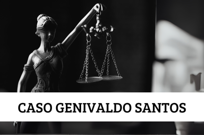 Arte mostra uma foto em preto e branco da estátua que simboliza a Justiça, uma mulher vendada segurando uma balança. À frente, dentro de uma faixa branca colocada na parte de baixo da imagem, aparecem as palavras "Caso Genivaldo Santos"
