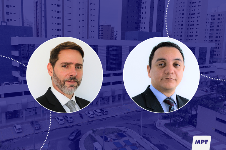 Montagem com foto de dois homens de terno em molduras circulares sobre imagem da sede do MPF em Sergipe, com o logotipo do MPF no canto inferior direito.