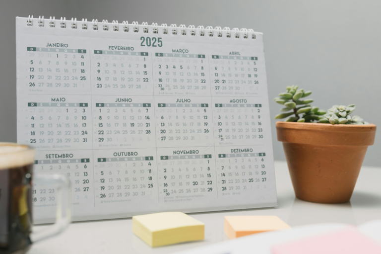 fotografia de uma mesa de trabalho organizada, com foco central em um calendário branco de 2025 escrito em português. Ao redor, encontram-se uma planta suculenta em um vaso de barro, blocos de notas adesivas coloridas e o detalhe de uma caneca de café.