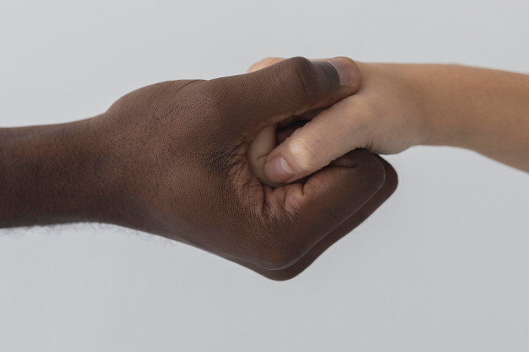 Foto mostra duas mãos entrelaçadas: uma negra e outra branca