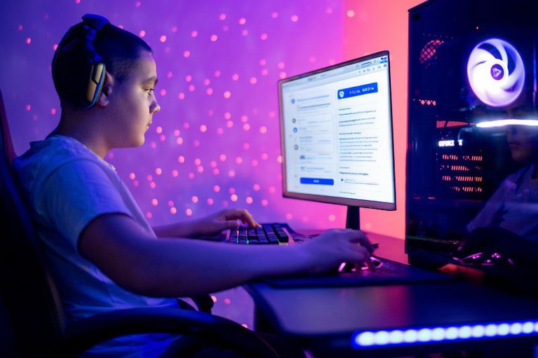Imagem mostra criança sentada diante de um computador, com a mão esquerda sobre o teclado e a direita sobre o mouse. Na tela do computador, é possível ver o conteúdo de uma página de rede social