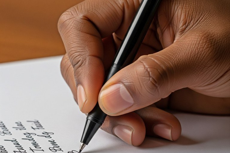 A imagem mostra um plano fechado e em ângulo alto de uma mão esquerda negra escrevendo em uma folha de papel branco. Os dedos são ligeiramente longos e as unhas estão bem aparadas. A mão está centralizada, com o dedo indicador e o polegar segurando uma caneta de tinta preta.