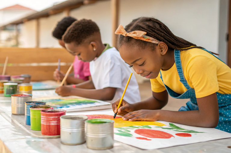 Três crianças negras, uma menina e dois meninos, estão debruçados sobre uma mesa pintando desenhos em papel branco, em ambiente aberto. Sobre a mesa, à frente dos desenhos, há latas de tintas de cores diversas.
