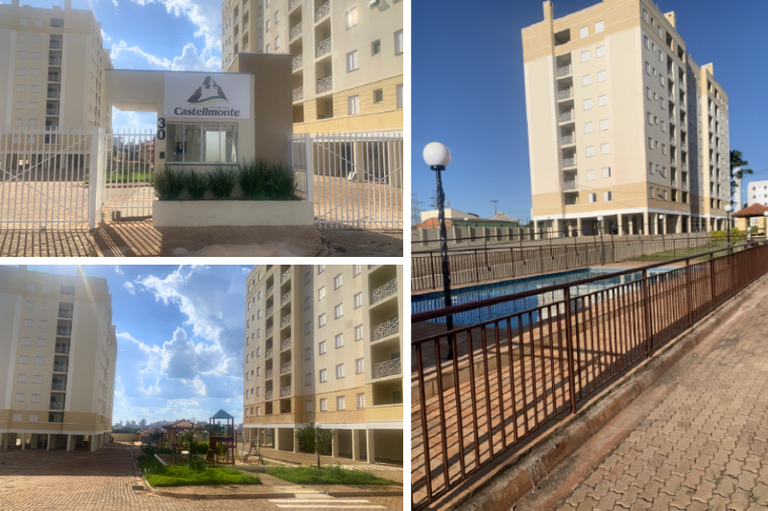 Montagem de três fotos que mostram a fachada e áreas internas do Residencial Castellmonte