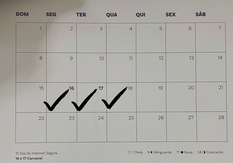 Foto de uma folha de calendário do mês de fevereiro, com os dias 16, 17 e 18 marcados com grandes vistos feitos à caneta preta.