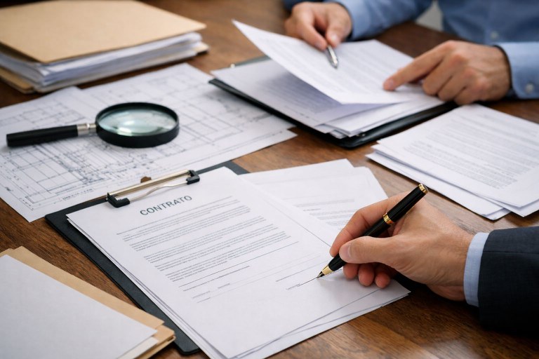 Pessoa com camisa azul analisa documentos sobre uma mesa enquanto outra assina um contrato. Ao redor, há papéis organizados e uma lupa sobre plantas técnicas.