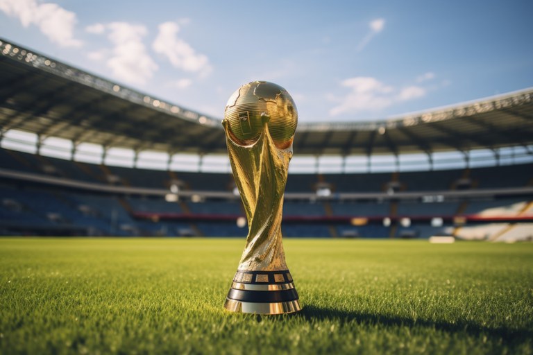 Foto da taça da copa do mundo da Fifa no meio do gramado de um estádio, com o fundo desfocado.