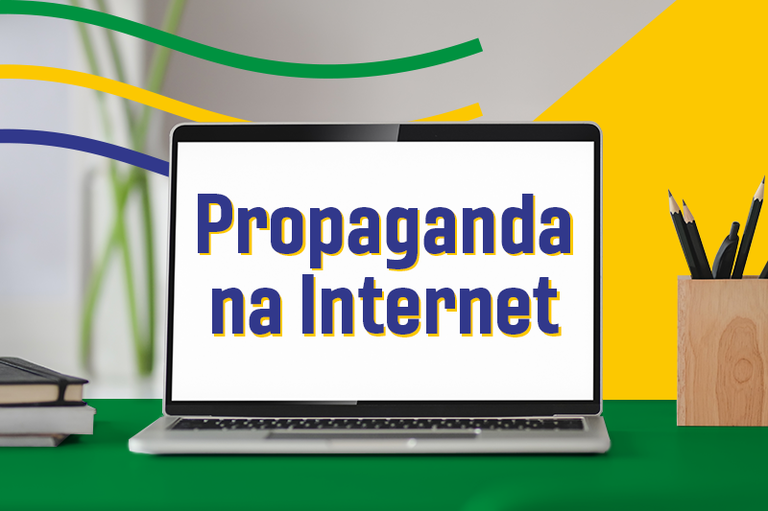 Imagem de uma tela de computador na arte do Ministérios Público (MP) nas Eleições com elementos da bandeira nacional e o texto: Propaganda na Internet