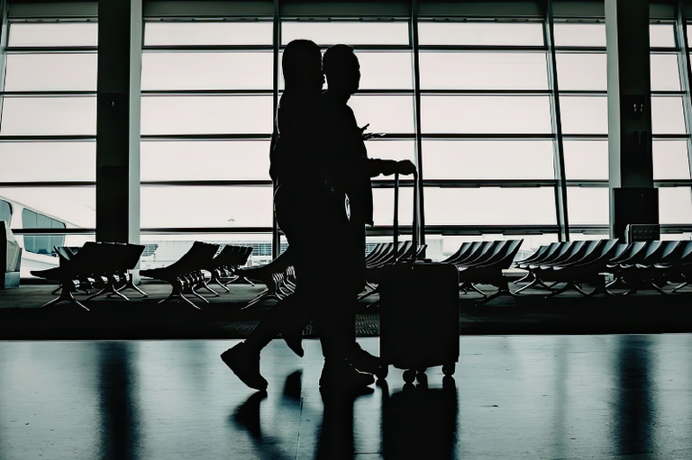 Imagem de um homem e uma mulher andando em um saguão de aeroporto com uma mala