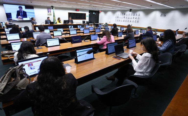 A imagem mostra uma audiência pública ou reunião de comissão em um ambiente formal. Em primeiro plano, mesas de participantes com laptops abertos (vistos de trás). Em segundo plano, quatro pessoas (três homens e uma mulher) sentadas à mesa de honra, uma delas falando ao microfone. No fundo, há uma tela exibindo um participante remoto e bandeiras ao lado de um retrato emoldurado na parede. O ambiente é de trabalho legislativo ou debate organizado.