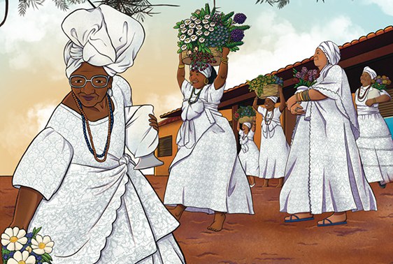 Foto mostra quilombolas da Marambaia dançando em frente ao mar