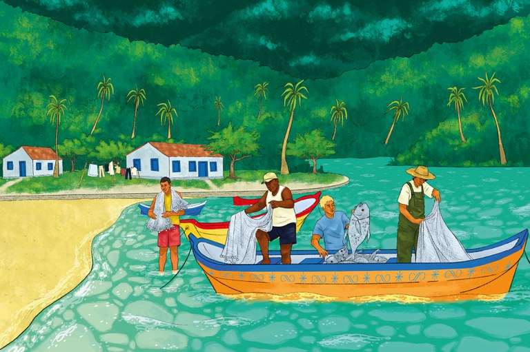 Ilustração de pescadores caiçaras chegando do mar com barcos e redes de pesca