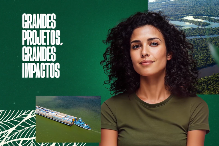 imagem de banner na cor verde com uma mulher em primeiro plano e duas imagens dos lados esquerdo e direito de rios