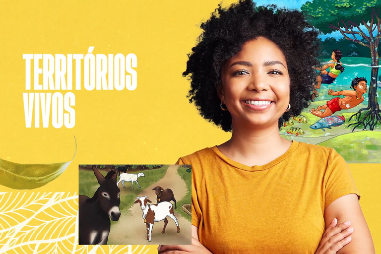 ilustração na cor amarela com mulher em primeiro plano