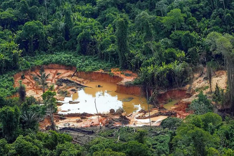 Imagem aérea de um garimpo ilegal na Amazônia