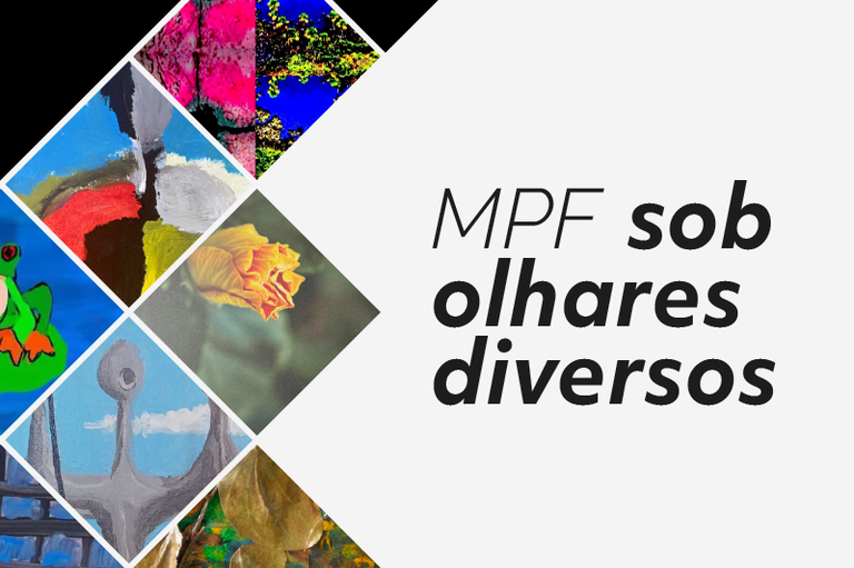 Arte de fotos e imagens que estarão na exposição do Memorial do MPF. Em pretos sobre fundo branco está escrito: MPF sob olhares diversos.