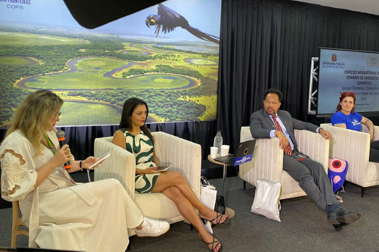 Quatro participantes estão sentados em poltronas em um painel da COP15, em um ambiente fechado com cortinas escuras e telão ao fundo exibindo imagem aérea do Pantanal com rios sinuosos e uma ave em voo. Uma mediadora segura um microfone enquanto os demais — entre eles um homem de terno e duas mulheres — acompanham a discussão, com mesa lateral contendo água e materiais de apoio.