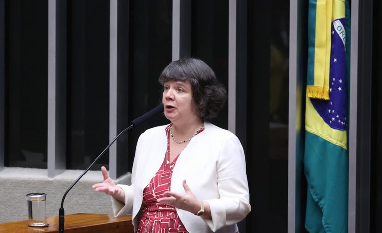 imagem de mulher com vestido vermelho e casaco branco falando numa bacncada