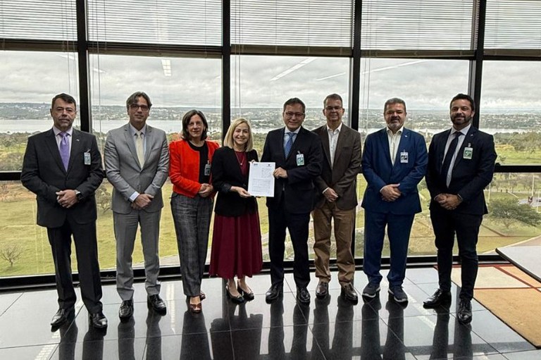 Foto mostra oito pessoas lado a lado. Eliana Torelly, representando o MPF, e o representante da Receita seguram um documento