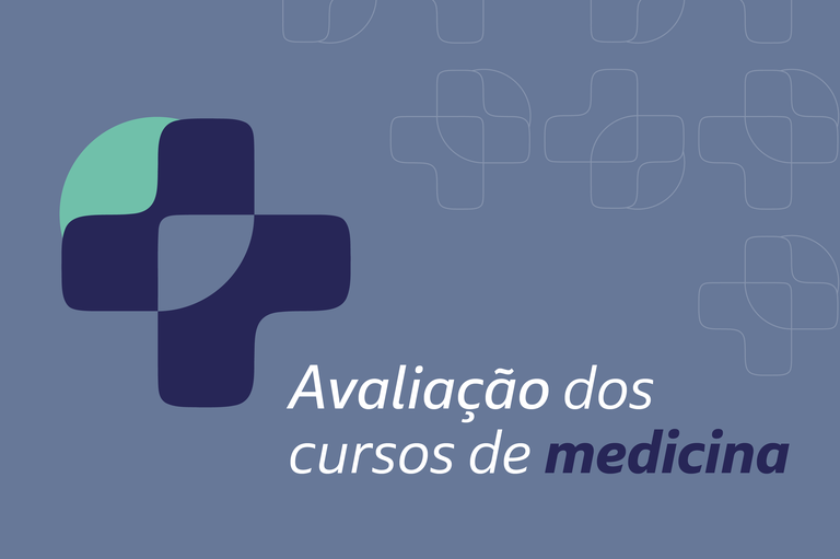 Arte retangular com fundo azul e imagem de cruz à esquerda, com o texto Avaliação dos cursos de medicina na parte inferior