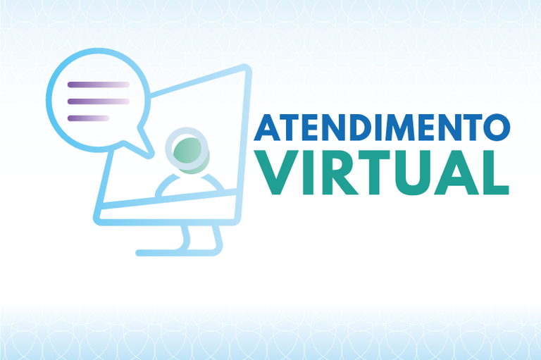 Banner de fundo azul com ícone de pessoa em uma tela de computador (imagem de videoconferência). Há um balão de fala na figura do atendente. À direita da imagem, há o texto “Atendimento Virtual”, em cores branca e azul claro.