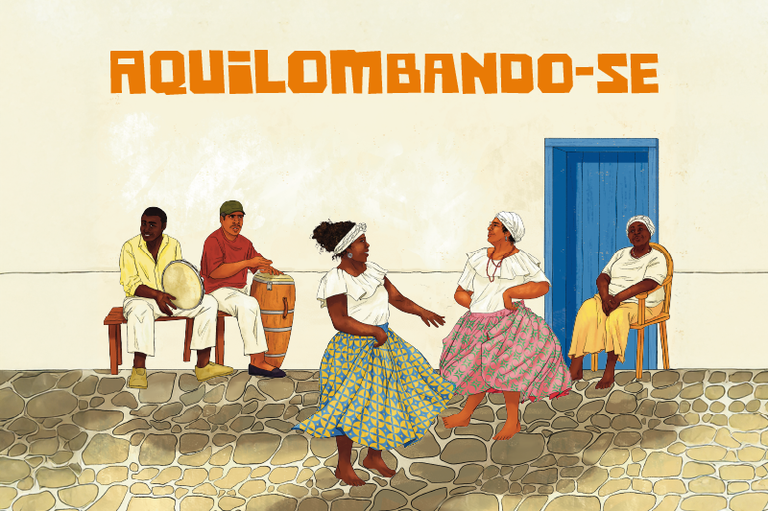 A imagem ilustra uma cena cultural com o título "AQUILOMBANDO-SE" em destaque, escrito em letras laranjas e maiúsculas no topo.