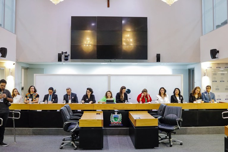 Foto da mesa de abertura do evento, com doze pessoas sentadas em fileira. Ao centro, há o brasão do Poder Legislativo. Acima deles, há um grande painel preto desativado.