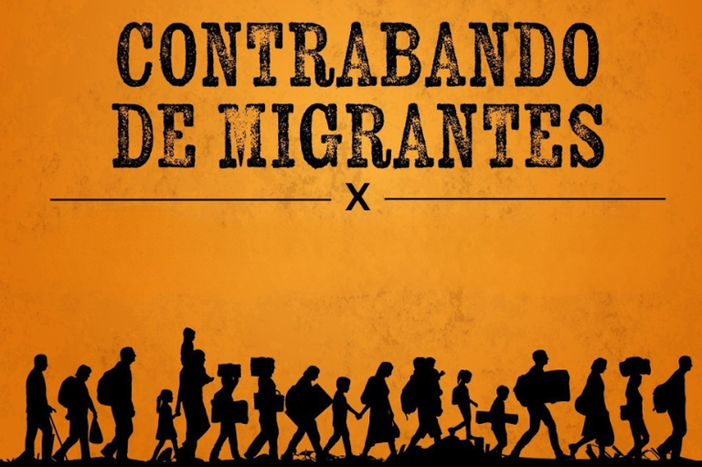 desenho da silhueta de várias pessoas caminhando em fila e o texto contrabando de migrantes