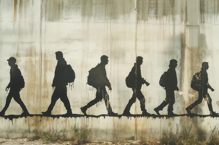 A imagem apresenta uma arte de rua em formato de silhueta que retrata figuras em marcha sobre um muro desgastado, simbolizando a jornada e a resiliência associadas à migração humana