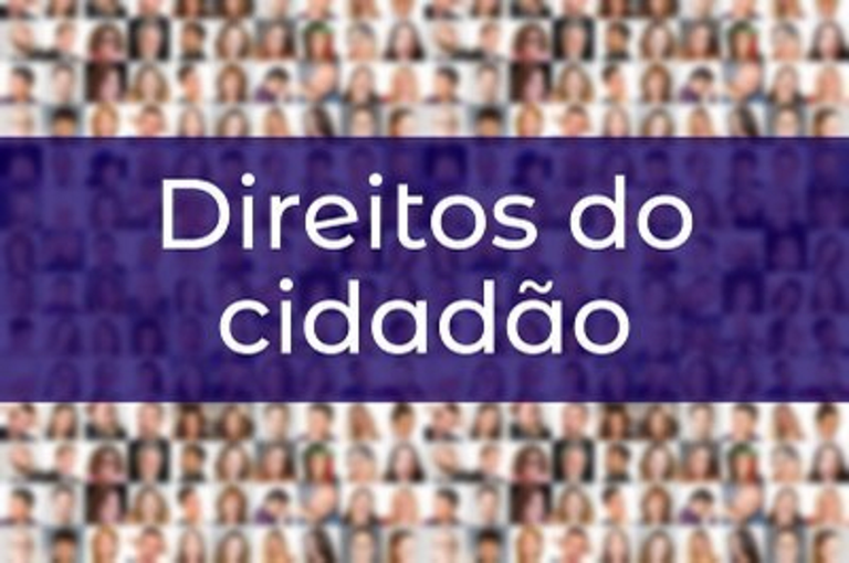 A imagem apresenta a frase "Direitos do cidadão" em letras brancas, centralizada sobre uma faixa roxa, com um mosaico composto por vários rostos de pessoas ao fundo.