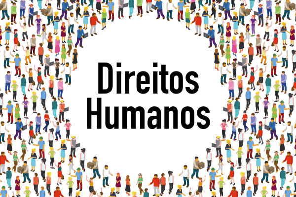 Arte retangular branca com a expressão Direitos Humanos em letras pretas rodeada com vários bonecos, representando diversidade de pessoas