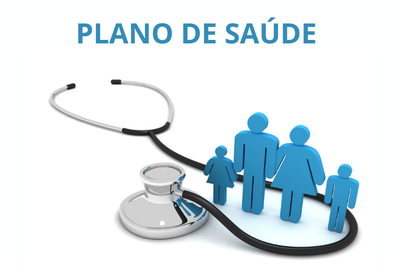 Arte com fundo branco composta da imagem de um estetoscópio e ilustrações de silhuetas humanas representando os usuários de planos de saúde.