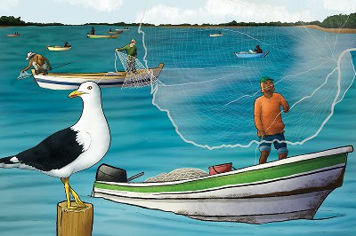 Foto mostra uma mulher e duas crianças em uma canoa. Ao fundo palafitas coloridas