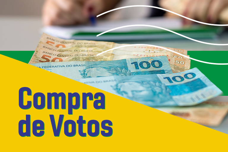 Imagem de várias cédulas de real e o texto: compra de votos