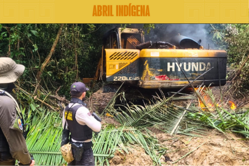 Foto mostra um trator derrubando construções de não indígenas da TI
