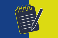 Arte de fundo azul e verde com o desenho de um bloco de notas com um lápis