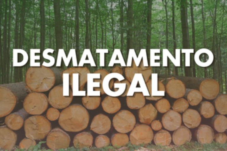 Fotografia colorida em plano médio que destaca uma grande pilha de troncos de madeira cortados, empilhados horizontalmente em primeiro plano. As extremidades circulares dos troncos exibem tons de bege e marrom claro. Ao fundo, vê-se uma floresta densa com árvores altas e folhagens verdes vibrantes. Centralizado sobre a imagem, o texto em letras maiúsculas brancas e com contorno sutil diz: "DESMATAMENTO ILEGAL".