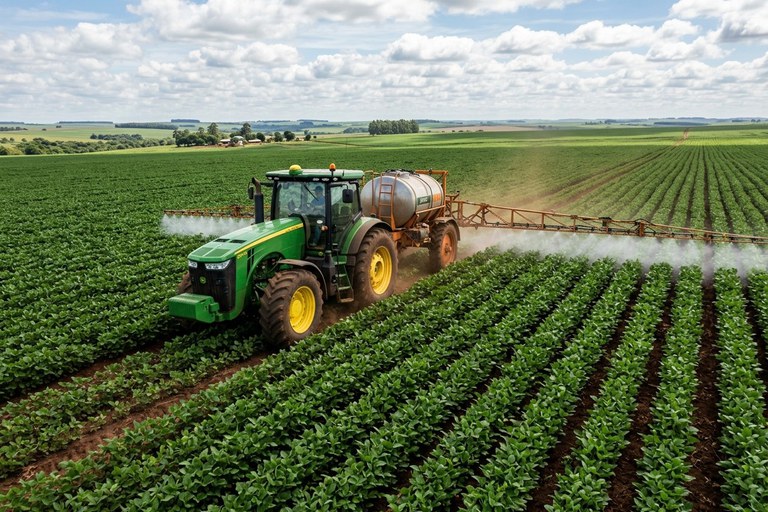 Uma foto em ângulo aéreo mostra um trator verde e amarelo em movimento, pulverizando uma extensa lavoura verde sob um céu ensolarado e parcialmente nublado. O trator puxa um grande tanque prateado equipado com longas barras laterais de pulverização ativas, que liberam uma névoa branca sobre as fileiras organizadas da plantação. Ao fundo, colinas suaves e áreas de vegetação completam a paisagem rural sob a luz do dia.