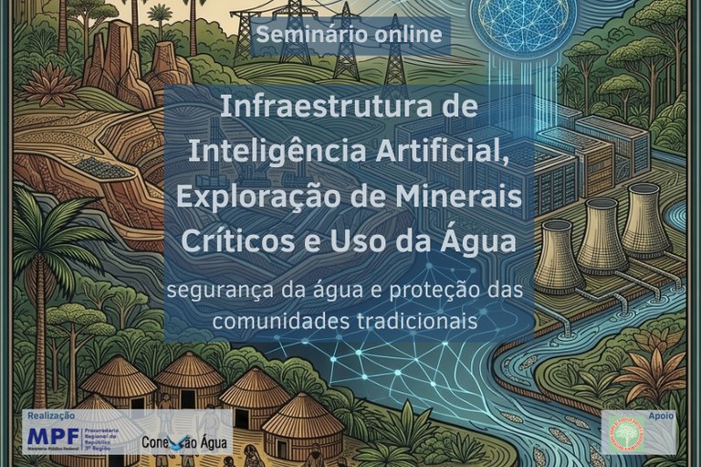 Arte mostra um cenário meio apocalíptico e interligado, com mineração ameaçando um grupo indígena e vários data center contaminando a água de um rio. Sobre essa imagem, lê-se o nome do evento, em letras cinzas contra um fundo azul.